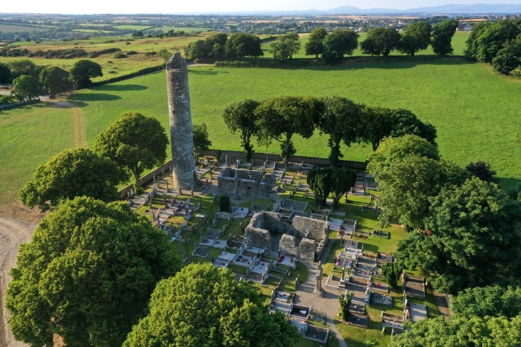 Round tower and high crosses at Monasterboice, County Louth