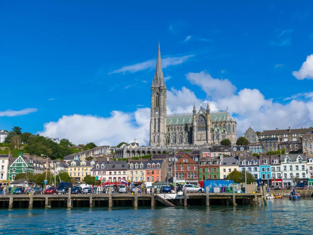 Cobh harbour front and St Colman's Cathedral, County Cork.