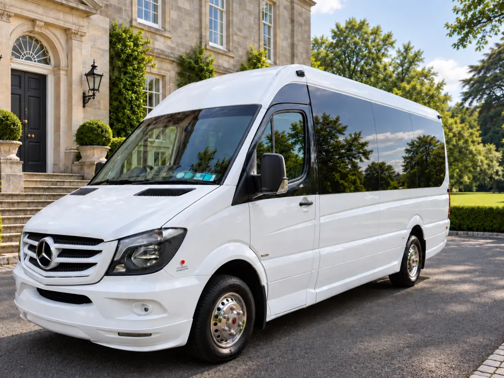 Creagh Travel white Mercedes Sprinter minibus parked outside a country house