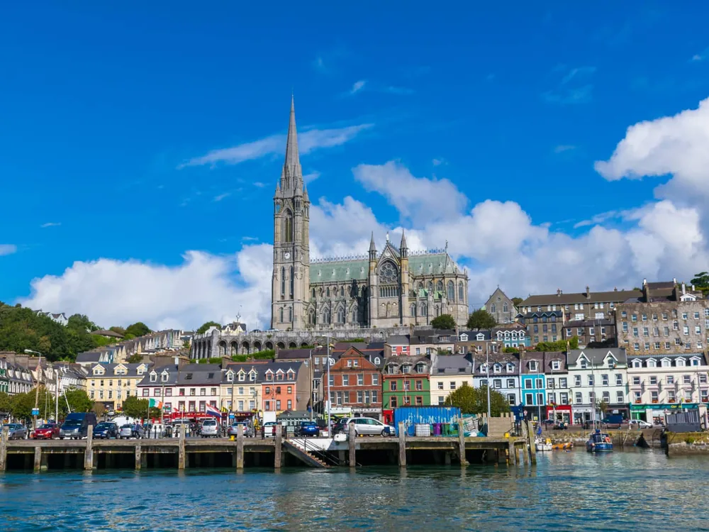 St Colman's Cathedral above the colourful waterfront of Cobh, County Cork