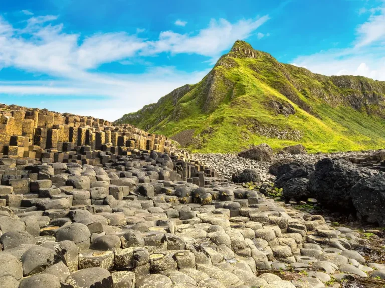 The basalt columns of the Giant's Causeway below a green headland, County Antrim
