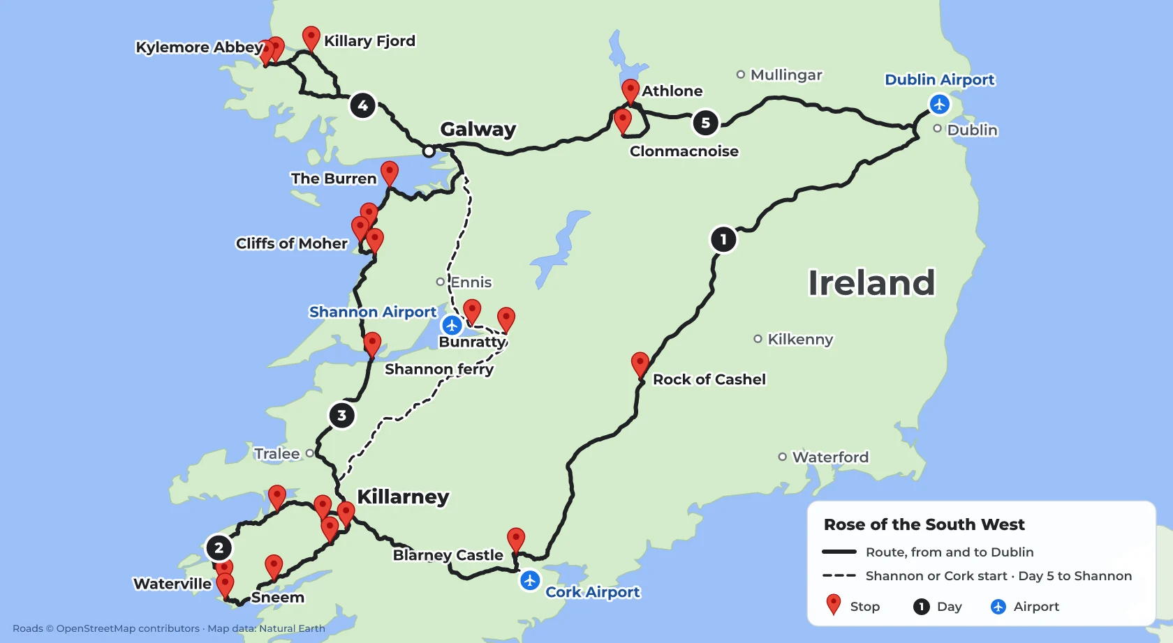 Route map of the Rose of the South West 6-day private tour of Ireland: Dublin, Rock of Cashel, Blarney, Killarney, the Ring of Kerry, the Cliffs of Moher, the Burren, Galway and Connemara