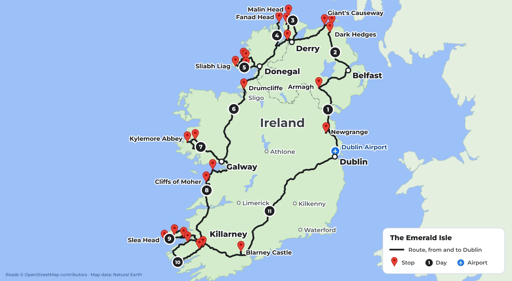 Route map of The Emerald Isle 12-day private tour of Ireland: Dublin, Belfast, the Causeway Coast, Derry, Donegal, Sligo, Galway, Connemara, the Cliffs of Moher, Kerry and Blarney