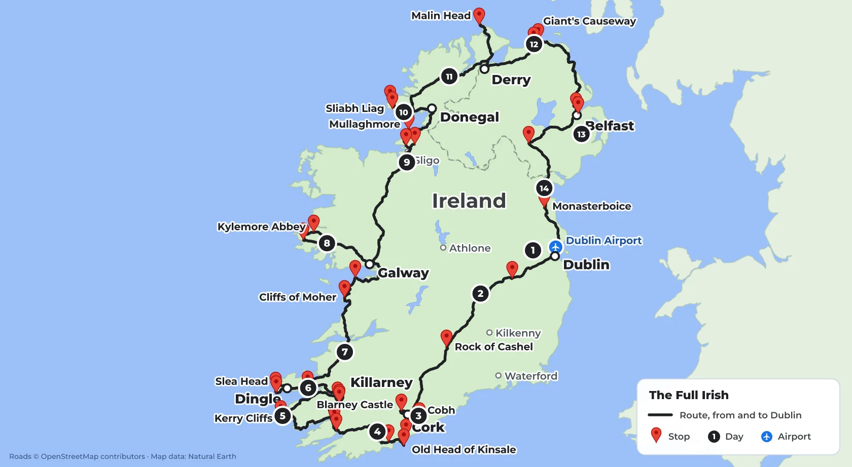 Route map of The Full Irish 14-day private tour of Ireland: Dublin, Cork, Kerry, Dingle, the Cliffs of Moher, Connemara, Sligo, Donegal, Derry, the Causeway Coast and Belfast