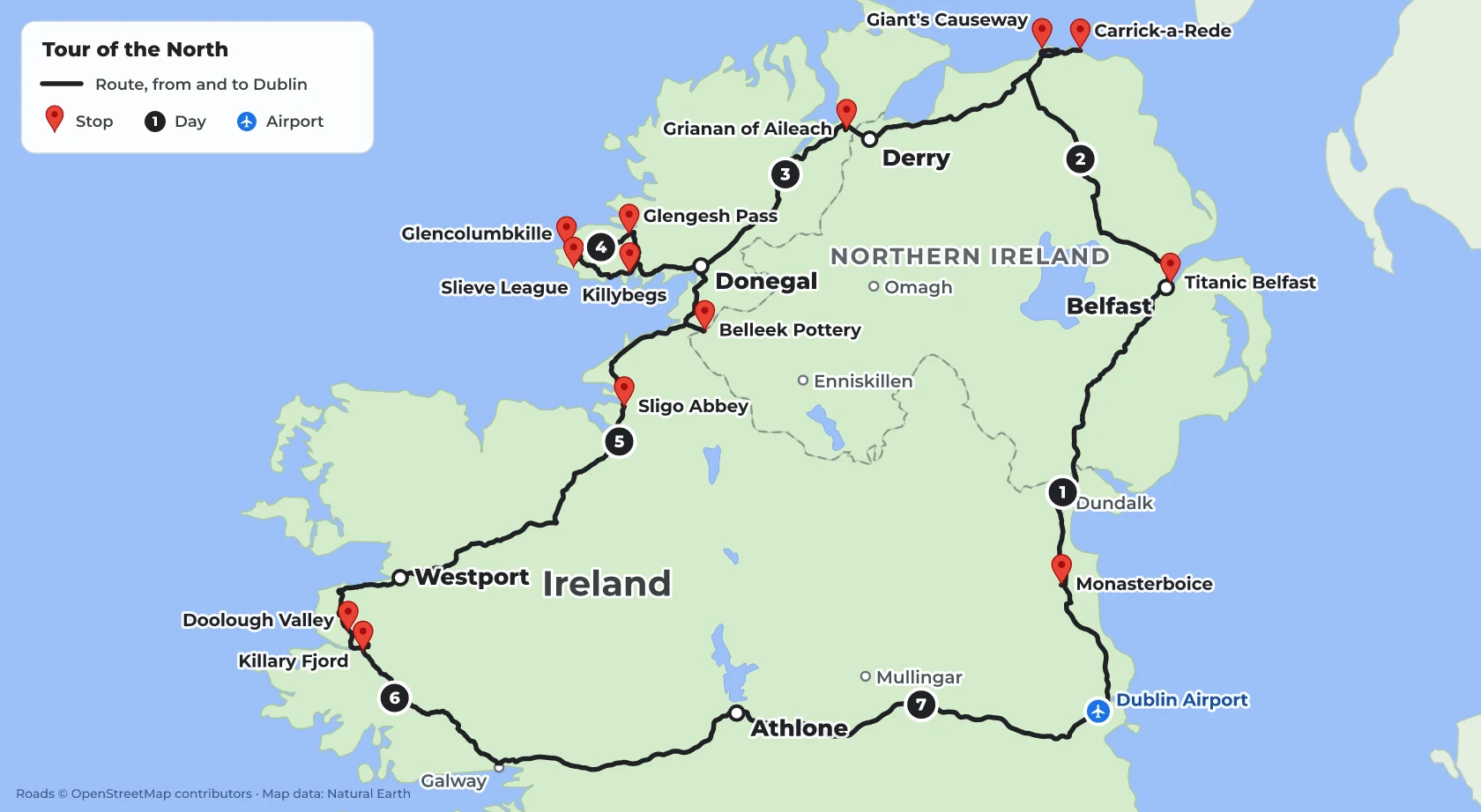 Route map of the Tour of the North 7-day private tour: Dublin, Belfast, the Giant's Causeway, Derry, Donegal, Sligo, Westport, Killary and Athlone